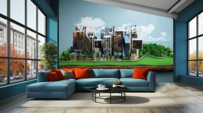 city of future concept Image of a modern city surrounded by nature landscape 3d render on blue Wall mural