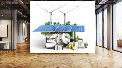 concept of energy saving solar panels and a windmill near the meter of electricity 3d render on white Wall mural