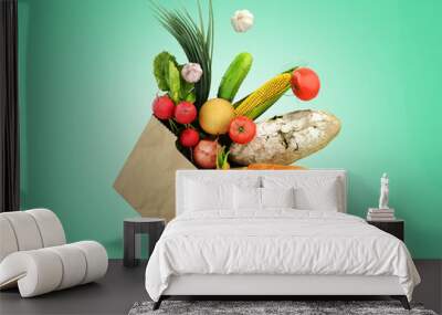 fresh food in a paper bag for products 3d render on green gradient Wall mural