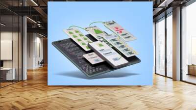 mobile software development concept smatrphone with screens around application development 3d render on blue Wall mural