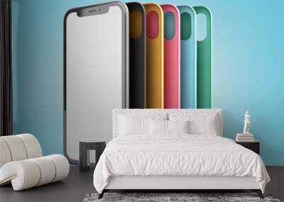 multicolored phone cases presentation for showcase 3d render on blue gradient Wall mural