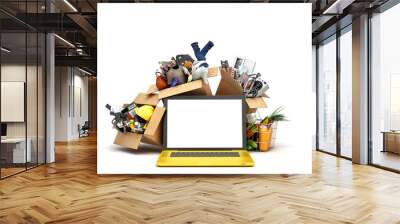 online ordering of goods from a hypermarket Products clothing and household appliances in boxes over laptop with blank screen 3d render on white Wall mural