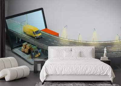 transportation concept road from the laptop on the road going truck there are boxes and a loader on the laptop 3d render on grey gradient Wall mural