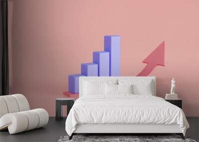 Bar chart with arrow up icon isolated on pink background. Data analysis concept. Growing bars, statistic bar icon, growth business success. 3d render illustration. cartoon minimal style Wall mural