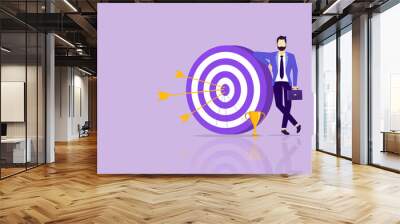 Businessman with huge target with arrows in center and a trophy placed beside. business goals. concept for planning, business strategy, making goals and goal achievement. Vector illustration Wall mural