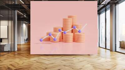 Coin money stack with direction arrow up about concept for money growth. Financial success, business money, financial investment, economic growth. 3d icon render illustration. cartoon minimal style Wall mural