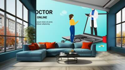 Doctor online on laptop app with doctor and  patient. Online medical clinic, online medical consultation, tele medicine. Online healthcare and medical consultation. Digital health concept. 3D vector Wall mural