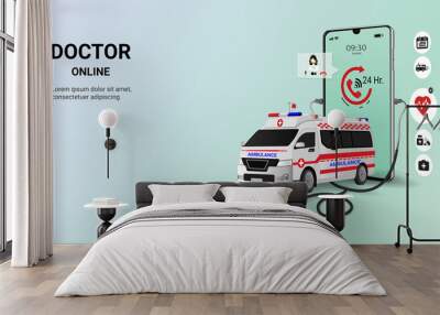 Doctor online on smartphone app with ambulance . Online medical clinic, tele medicine. Online healthcare and medical consultation. Digital health concept. 3D vector Wall mural