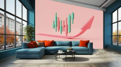 Growing financial index concept. Business candle stick graph chart icon with rising arrow. Trend of graph, Stock and forex trading, Stock market chart. online trading. 3d icon render illustration Wall mural