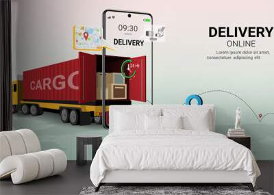 Logistics and delivery online service on mobile, Global logistic, Online order. Truck, warehouse and parcel box. Concept  for website or banner. 3D Perspective Vector illustration Wall mural