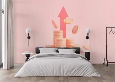 Red up arrow and coin stacks on pink background. Economic growth, Financial success, business money investment, coin up, cash. Money growth concept. 3d icon render illustration, cartoon minimal Wall mural