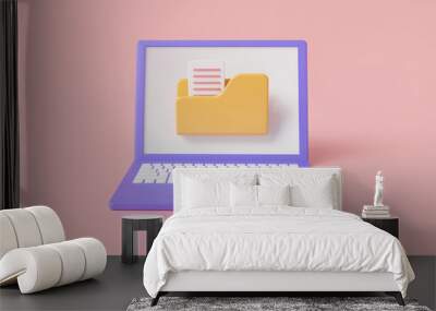 Yellow portfolio folder icon with file document on laptop. Computer folder, folder with file, paper icon. file electronic, Folders with documents. File management concept. 3D rendering illustration Wall mural