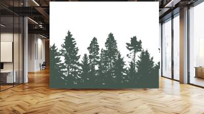 Coniferous and deciduous beautiful forest, silhouette of firs, pines and different deciduous trees. Vector illustration. Wall mural