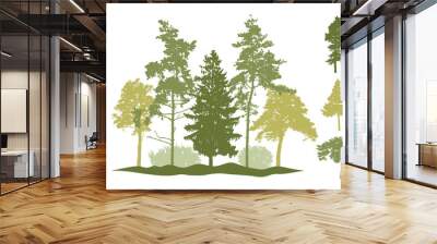 Constructor kit. Silhouettes of beautiful spruce trees, pine, other trees, grass, hill. Creation of spring beautiful park, forest, landscape, woodland, collection of element. Vector illustration. Wall mural