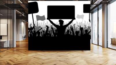 Crowd of people with flags, banners. Sports, mob, fans. Demonstration, manifestation, protest, strike, revolution. Silhouette background vector, angry mob Wall mural