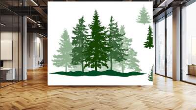 Forest, constructor kit. Silhouettes of beautiful spruce trees, grass, hill. Collection of element for create beautiful forest, park, woodland, landscape. Vector illustration. Wall mural