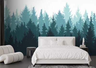 Forest background, nature, landscape. Pine, spruce, christmas tree. Fog evergreen coniferous trees. Silhouette vector Wall mural