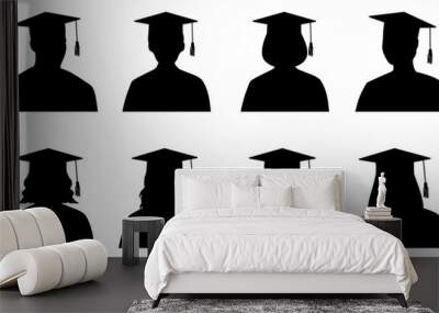 Graduate students in academic square cap, set of silhouette. Vector illustration Wall mural