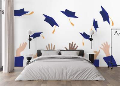 Graduation banner. Graduates hands throwing square academic caps or mortarboards. Vector illustration. Wall mural