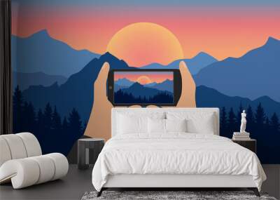 Men's hands hold phone and take picture of beautiful nature, landscape. Silhouette of forest and mountains on background of sunset. Good quality mobile phone camera. Vector illustration Wall mural