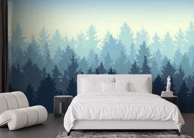 Seamless coniferous winter forest background. Nature, landscape. Pine, spruce, christmas tree. Fog evergreen coniferous trees. Silhouette vector illustration Wall mural