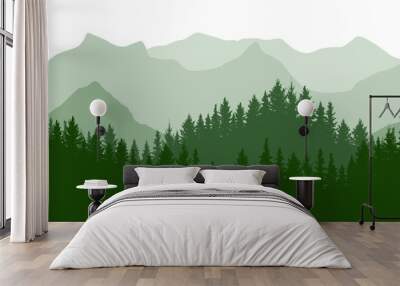 Seamless green wave forest on background of mountains, silhouette. Beautiful landscape.  Vector illustration. Wall mural