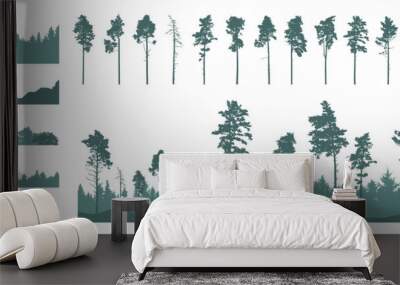 Set of forest element, pine trees, beautiful landscapes. Creation of beautiful woodland, constructor.  Vector illustration Wall mural