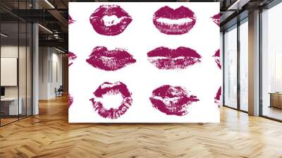 Set of lips imprint, dark pink lipstick kiss. Vector illustration Wall mural