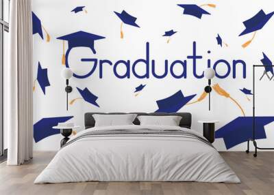 Throwing graduation caps with tossels. Graduation ceremony. Vector illustration Wall mural