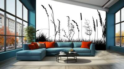 Wild weeds on grass, silhouette of meadow. Vector illustration. Wall mural