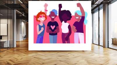 Group of women, non-binary people holding up fists. Empowerment, feminism, female power. Volunteers or activists drawing, illustration in simple cartoony style Wall mural