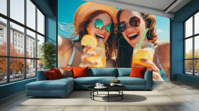 Happy girls, women having fun with tropical cocktails on beach. Travel and summer vacation concept, Generative AI Wall mural