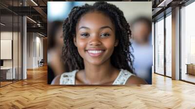 portrait young african american girl woman smiling office classroom, generative ai Wall mural