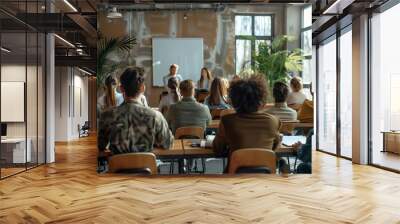 Team of people having class with business trainer. Group of male and female employees sitting at desks in modern office and listening to lecture by experienced teacher sharing knowledge, Generative AI Wall mural