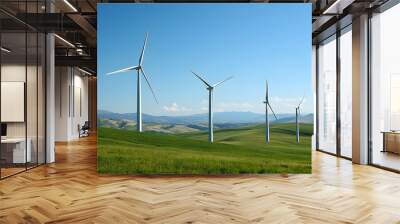 A dynamic photostock image of wind turbines generating clean energy in lush green landscape under clear blue sky. scene conveys sense of sustainability and innovation Wall mural