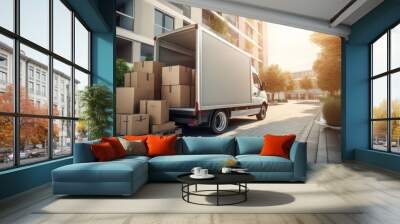 Moving truck full of boxes. Relocation/ moving apartment concept. Wall mural