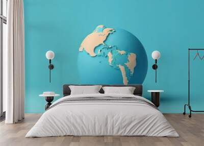 Blue globe with beige continents isolated on light blue background. 3D illustration Wall mural