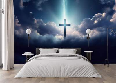 Illuminated cross in a dark cloudy sky. Conceptual photography for religious and spirituality faith Wall mural