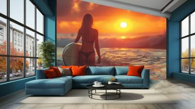  Female Surfer with Board Watching Sunset on the Beach. Surfing Lifestyle and Summer Vibes Concept Wall mural