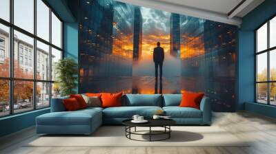 back of businessman in suit with business office glass modern buildings background for economic market stock investment, financial freedom portfolio or company profit and strategy growth IPO banner Wall mural