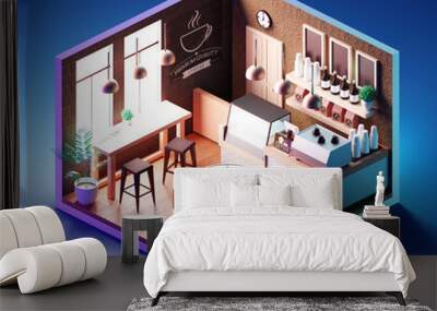 Isometric coffee shop interior concept. 3D illustration Wall mural