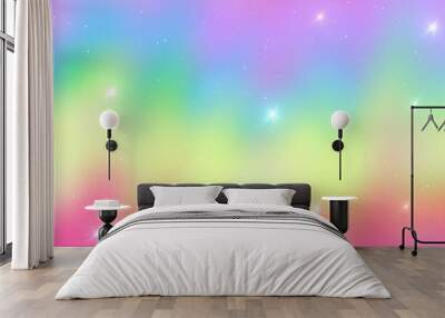 Holographic fairy Magic background with rainbow mesh. Kawaii universe banner in princess colors. Fantasy gradient backdrop with hologram Wall mural