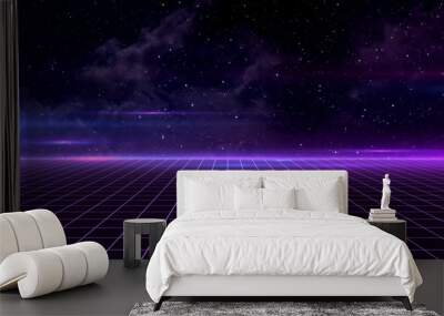 retro sci-fi background futuristic grid landscape of the 80s. digital cyber surface. suitable for de Wall mural