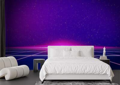 Retro style 80s-90s galaxy background. Futuristic Grid landscape. Digital Cyber Surface. Suitable for design in the style of the 1980s-1990s. 3D illustration Wall mural