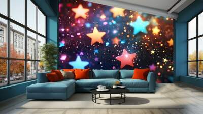 2. A charming starry galaxy with bright stars and confetti in a variety of colors, set against a dark background. The glowing dots and playful patterns create a cartoon-like night sky, ideal for Wall mural