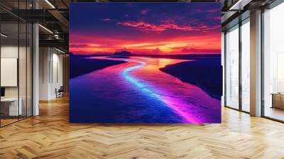 27. A glowing neon river, winding through a dark landscape, with soft pastel colors reflecting off the water's surface Wall mural