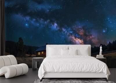 29. A wide-angle lens photograph of the night sky over a remote cabin, with stars and the Milky Way creating a serene and peaceful scene Wall mural