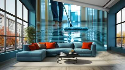 3. A person mopping a shiny tile floor in a spacious hallway, with the mop gliding through the soapy water as streak-free tiles reflect the surroundings Wall mural