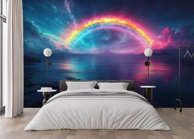 31. A neon rainbow bridge stretching across a dark void, with pastel colors softly blending together, glowing in the night Wall mural