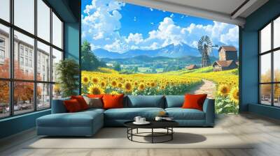 46. Anime-style summer landscape with a sunflower field, a rustic windmill, and a vibrant blue sky Wall mural